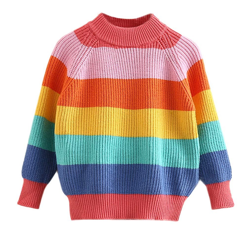 Julerwoo Girls Knitted Sweater Rainbow Striped Sweatershirt 2-6 Years (3T, Color)