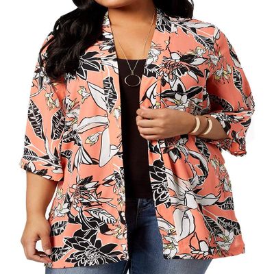 NY Collection Womens Plus Open Front Floral Print Kimono Pink 1X