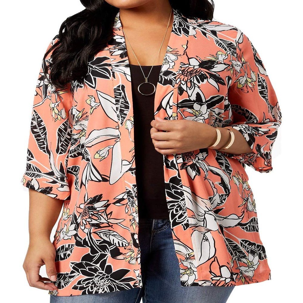 NY Collection Womens Plus Open Front Floral Print Kimono Pink 1X