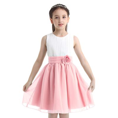 ACSUSS Kids Junior Flower Girl Wedding Pageant Bridesmaid Flower Dress Princess Birthday Party Chiffon Tutu Dress White&Pink 6