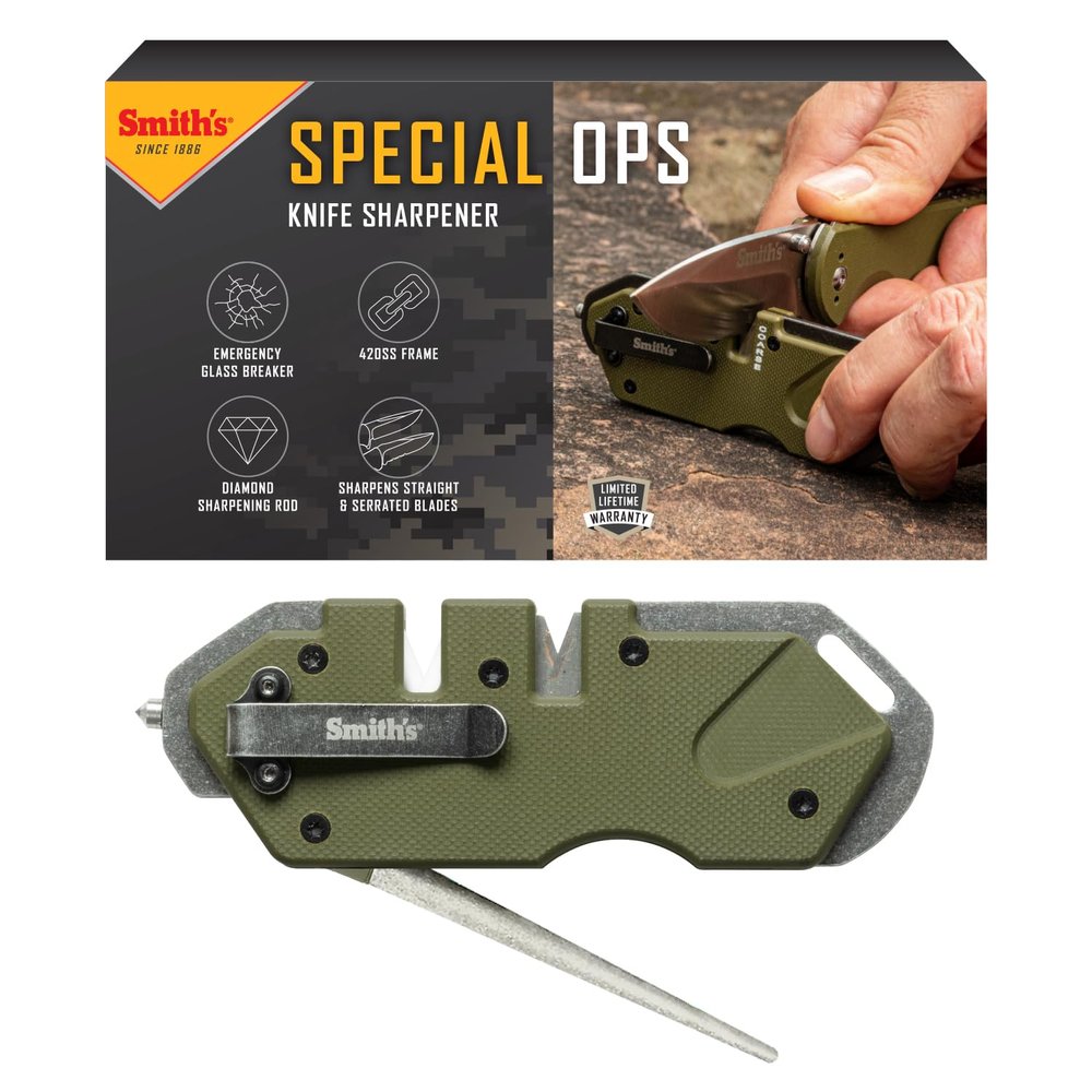 Smiths 50981 Pocket Pal Tactical Knife Sharpener - OD Green - 2 Stage Sharpener & Diamond Sharpening Rod - Pocket Clip - Outdoor Hunting Knife & Hook Sharpener - Compact & Lightweight