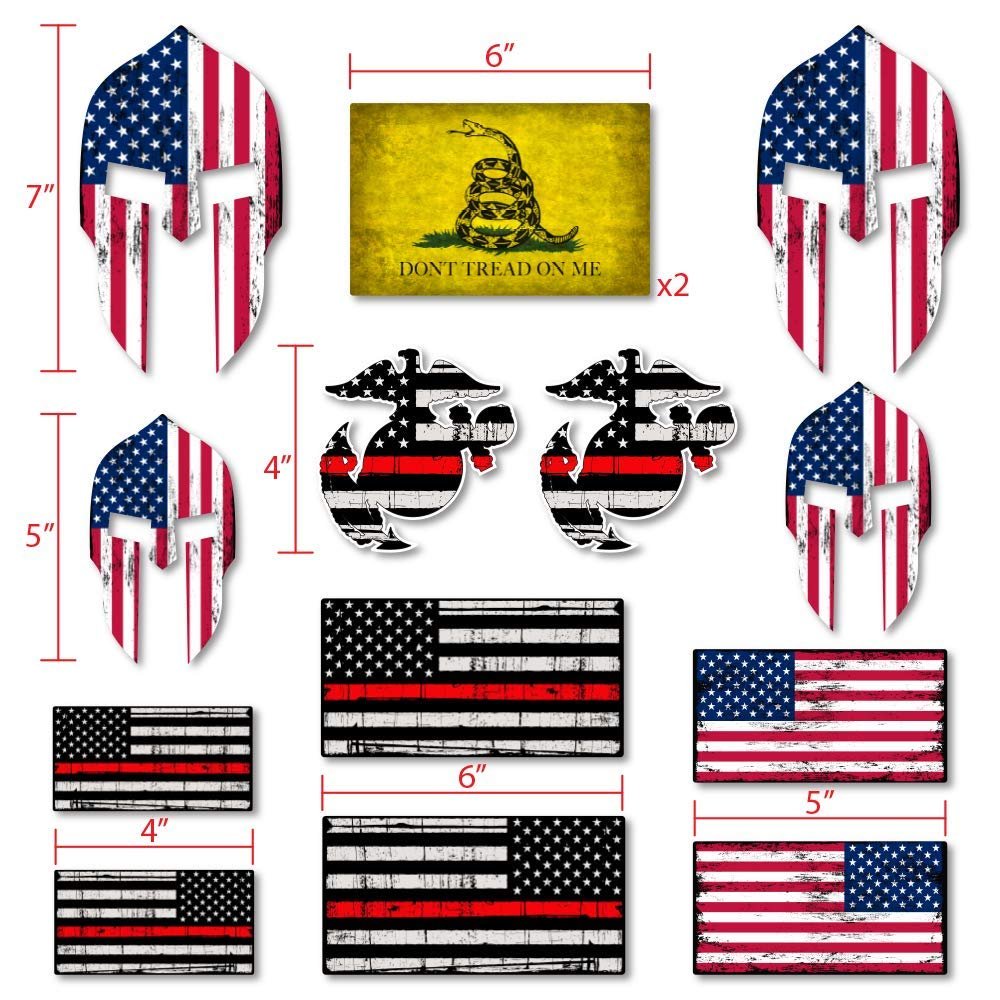 14-Pieces Sticker kit- Decals USA Flag Stickers- 1st Responders- Fire Dept Red Lives - Armed Services Red, Military - 100% Vinyl Stickers for Trucks, Offroad, Laptops, Waterbottles, Lo