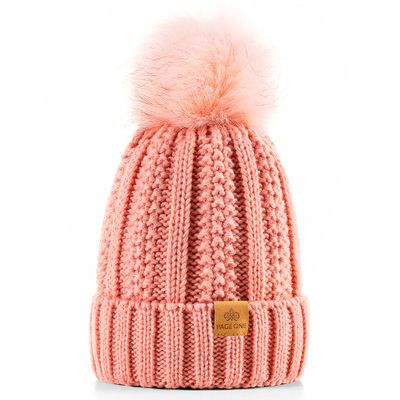 PAGE ONE Womens Winter Thick Cable Knit Beanie Faux Fur Pom Hat Fleece Lined Skull Cap Light Pink
