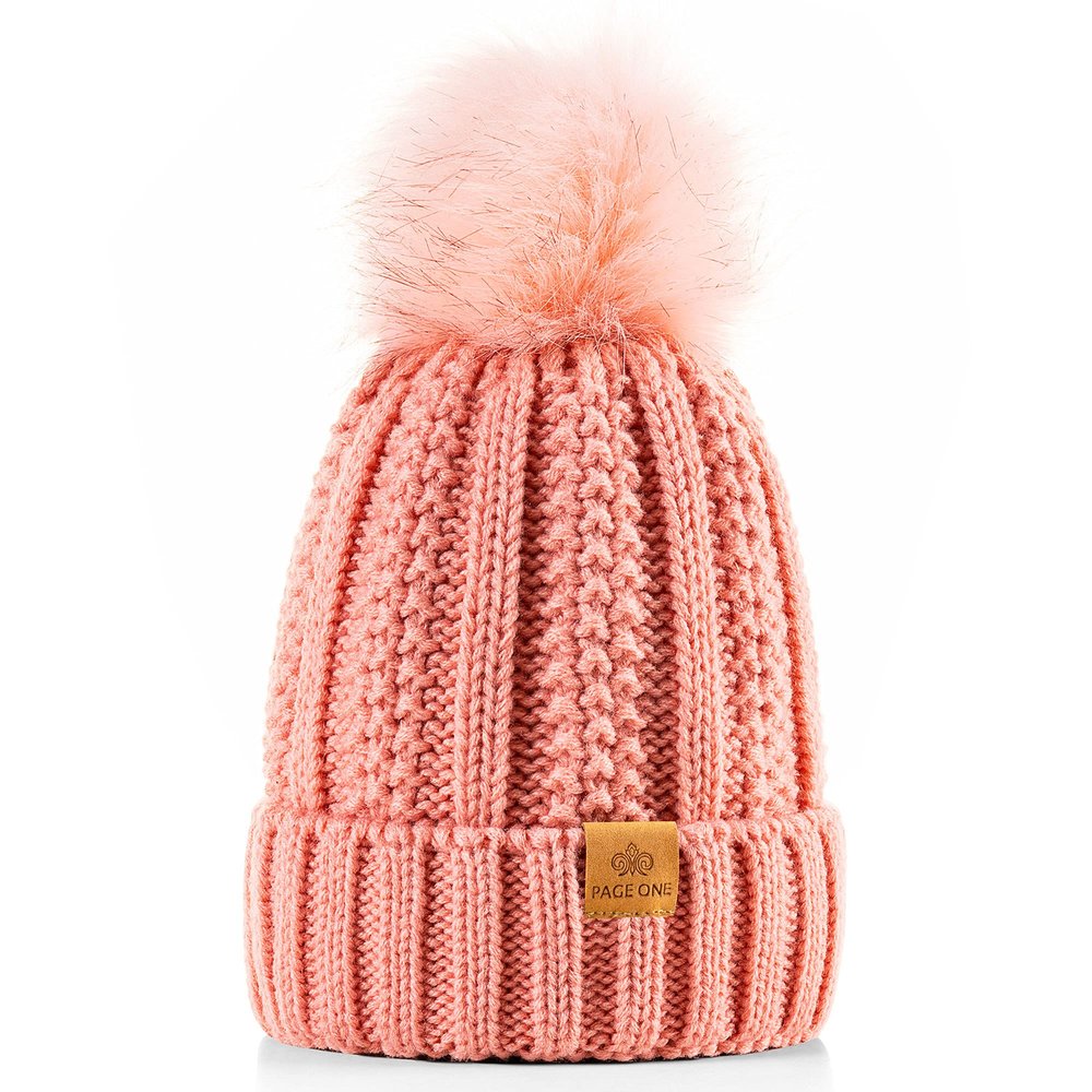 PAGE ONE Womens Winter Thick Cable Knit Beanie Faux Fur Pom Hat Fleece Lined Skull Cap Light Pink