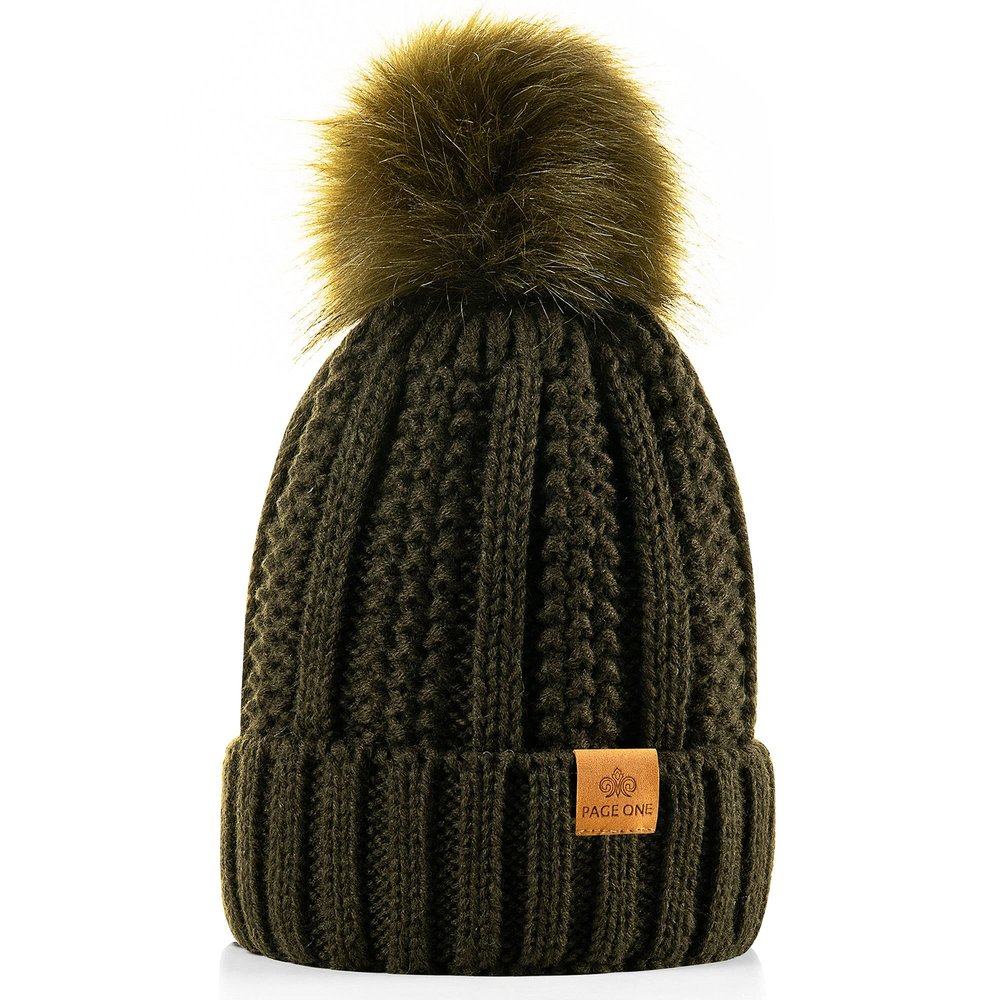 PAGE ONE Womens Winter Thick Cable Knit Beanie Faux Fur Pom Hat Fleece Lined Skull Cap Dark Olive