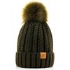 PAGE ONE Womens Winter Thick Cable Knit Beanie Faux Fur Pom Hat Fleece Lined Skull Cap Dark Olive view 1