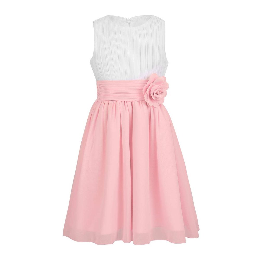 Agoky Kids Big Girls Sleeveless Chiffon Pleated Wedding Bridesmaid Pageant Party Summer Flower Girl Dress White&Pink 6
