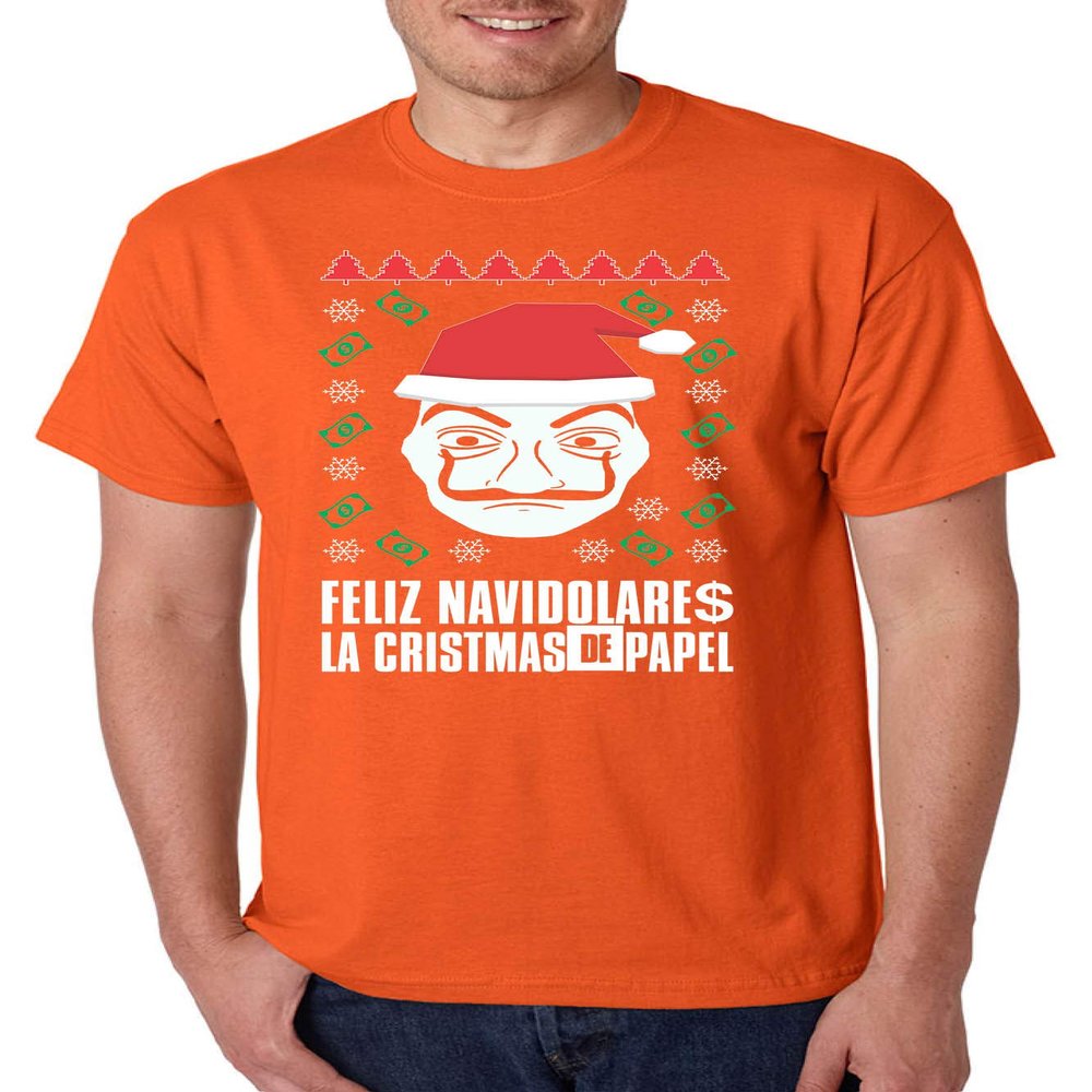 ALLNTRENDS Men's T Shirt Feliz Navidolare La Christmas La Casa Trendy Xmas Gift (3XL, Orange)