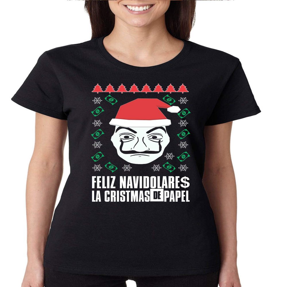 ALLNTRENDS Women's T Shirt Feliz Navidolare La Christmas La Casa Trendy Xmas Top (XL, Black)