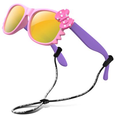 RIVBOS kids Sunglasses Girls with Strap Polarized UV Protection Flexible Shades for Baby and Children Age 2-10 RBK002-1 Pink Mirror Lens