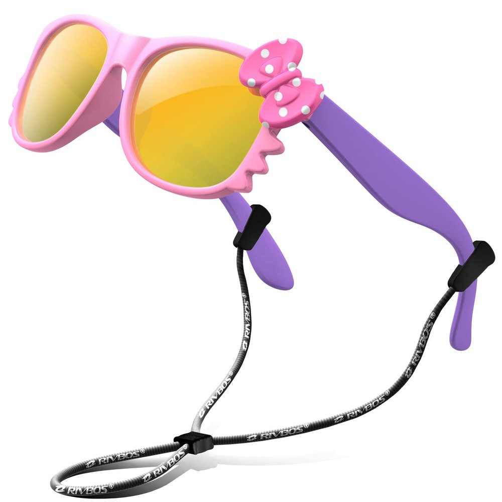 RIVBOS kids Sunglasses Girls with Strap Polarized UV Protection Flexible Shades for Baby and Children Age 2-10 RBK002-1 Pink Mirror Lens