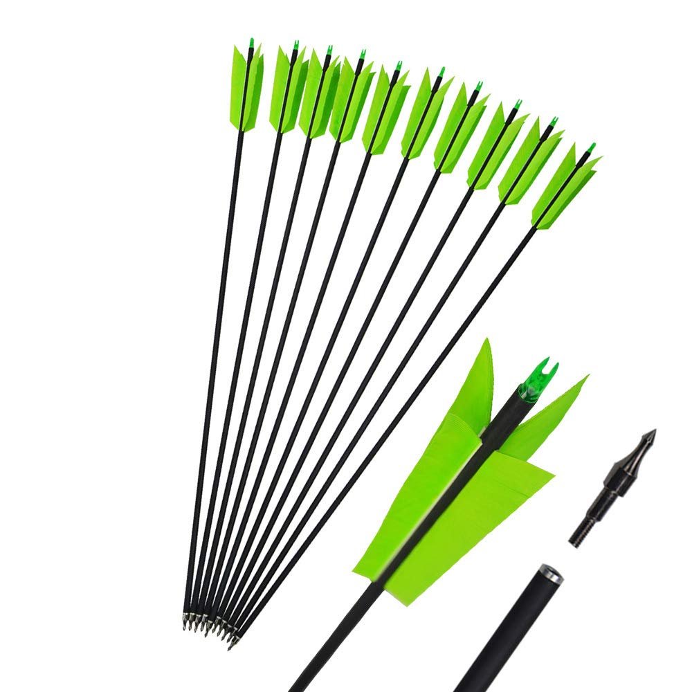 AMEYXGS 6/12 Pcs 30 Inch Archery Carbon Arrows Target Practice Spine 500 Flu Flu Arrows Small Game Arrows 4 Feathers Fletching with 100 Grain Judo Arrowheads for Practice Targeting (Green, 12 pcs)