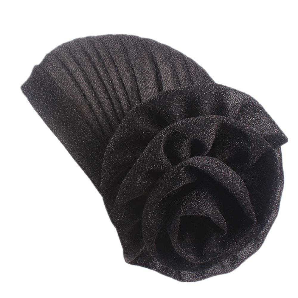 Fxhixiy Women Elastic Glitter Big Flower Turban Beanie Head wrap Hair Loss Chemo Cap Hat (Black)