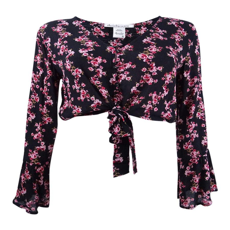 American Rag Juniors' Printed Bell-Sleeve Top (S, Black Combo)