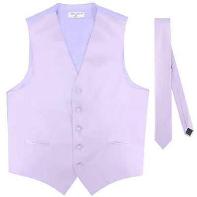 Vesuvio Napoli Men's Dress Vest & Skinny NeckTie Solid Lavender Purple Color 2.5" Neck Tie Set sz XS