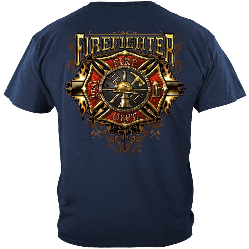 Erazor Bits Firefighter t Shirt | Firefighter Flames Gold Sield Shirt ADD106-FF2333-4XL