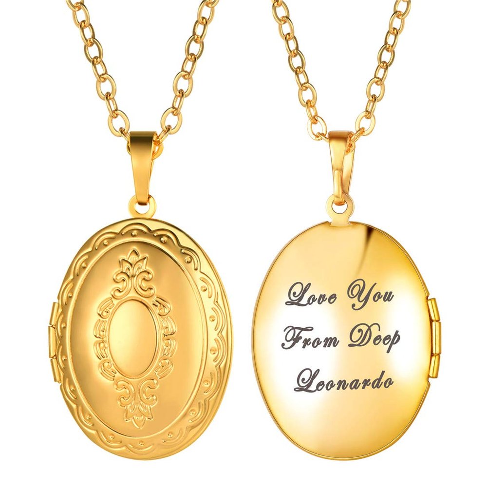 U7 Customized Locket Necklace That Holds Picture 18K Gold Oval Pattern Photo Lockets Pendant for Women