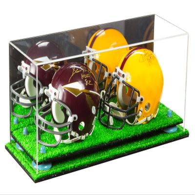 Better Display Cases Acrylic Double Mini - Miniature (not Full Size) Football Helmet or Mini Goalie Mask Display Case with Mirror Case, Light Blue Risers and Turf Base (A019-BLR)
