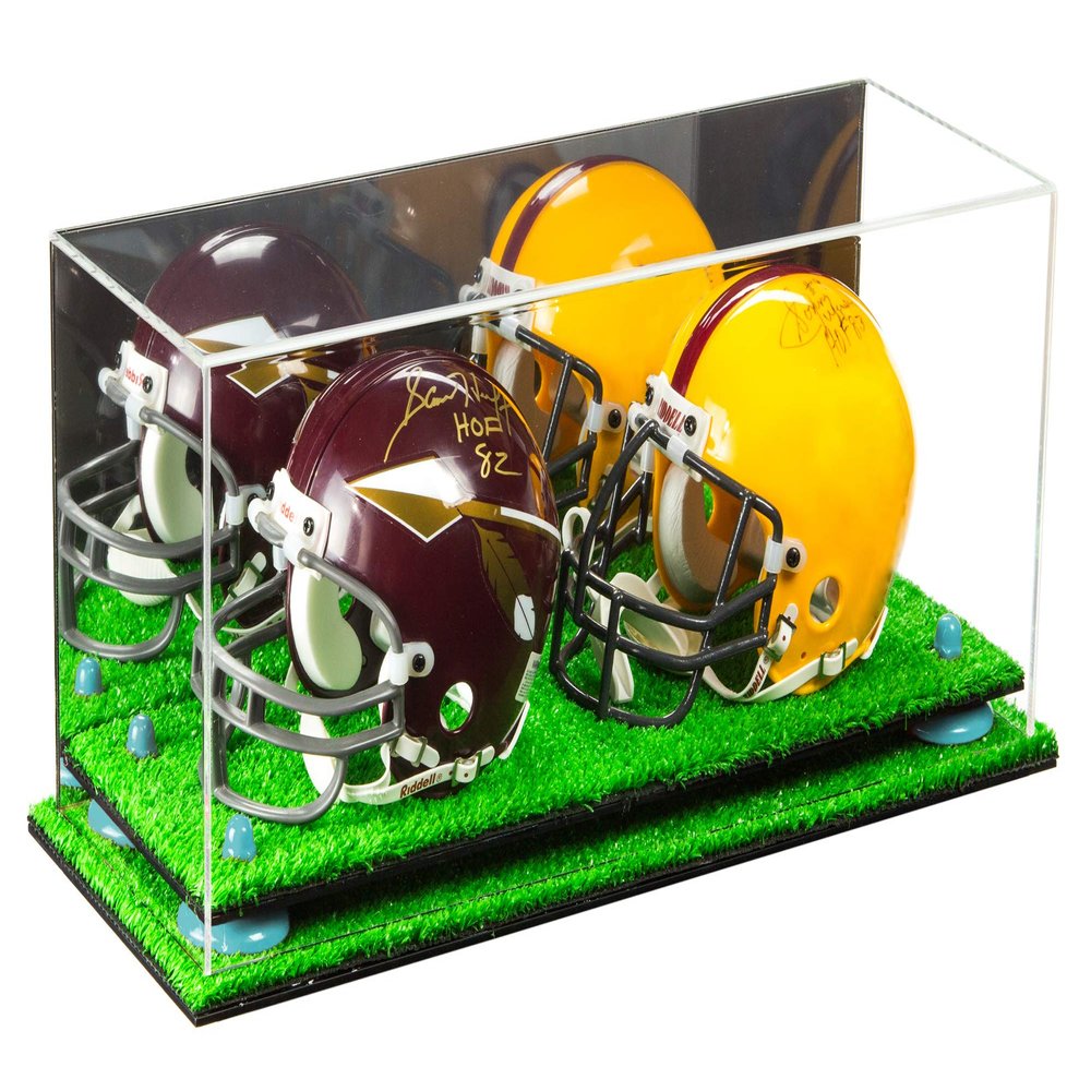 Better Display Cases Acrylic Double Mini - Miniature (not Full Size) Football Helmet or Mini Goalie Mask Display Case with Mirror Case, Light Blue Risers and Turf Base (A019-BLR)