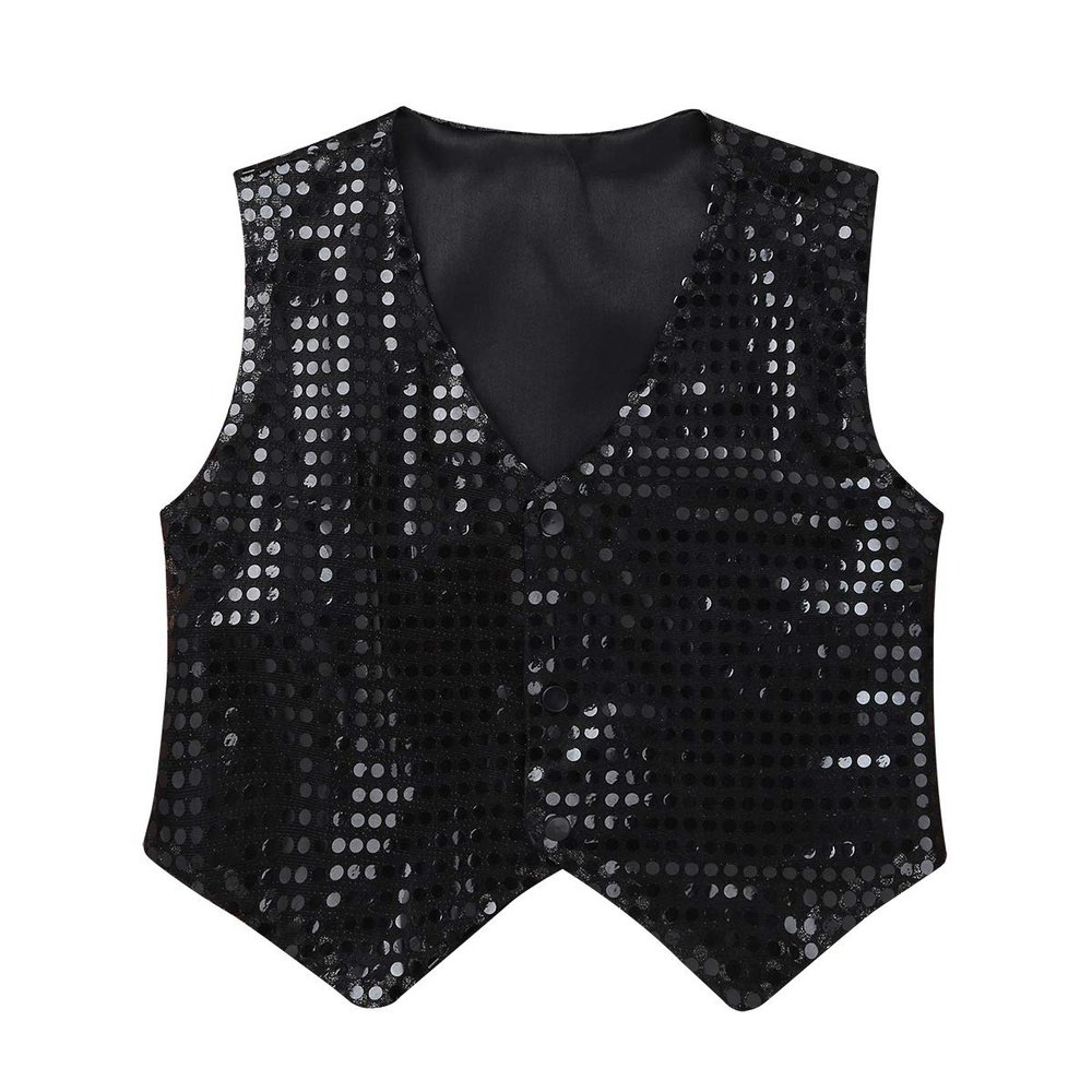 YiZYiF Boys Teens Shiny Party Vests Sequins Shirt Waistcoat for Prom,Wedding,Dance Costumes Black 9-10
