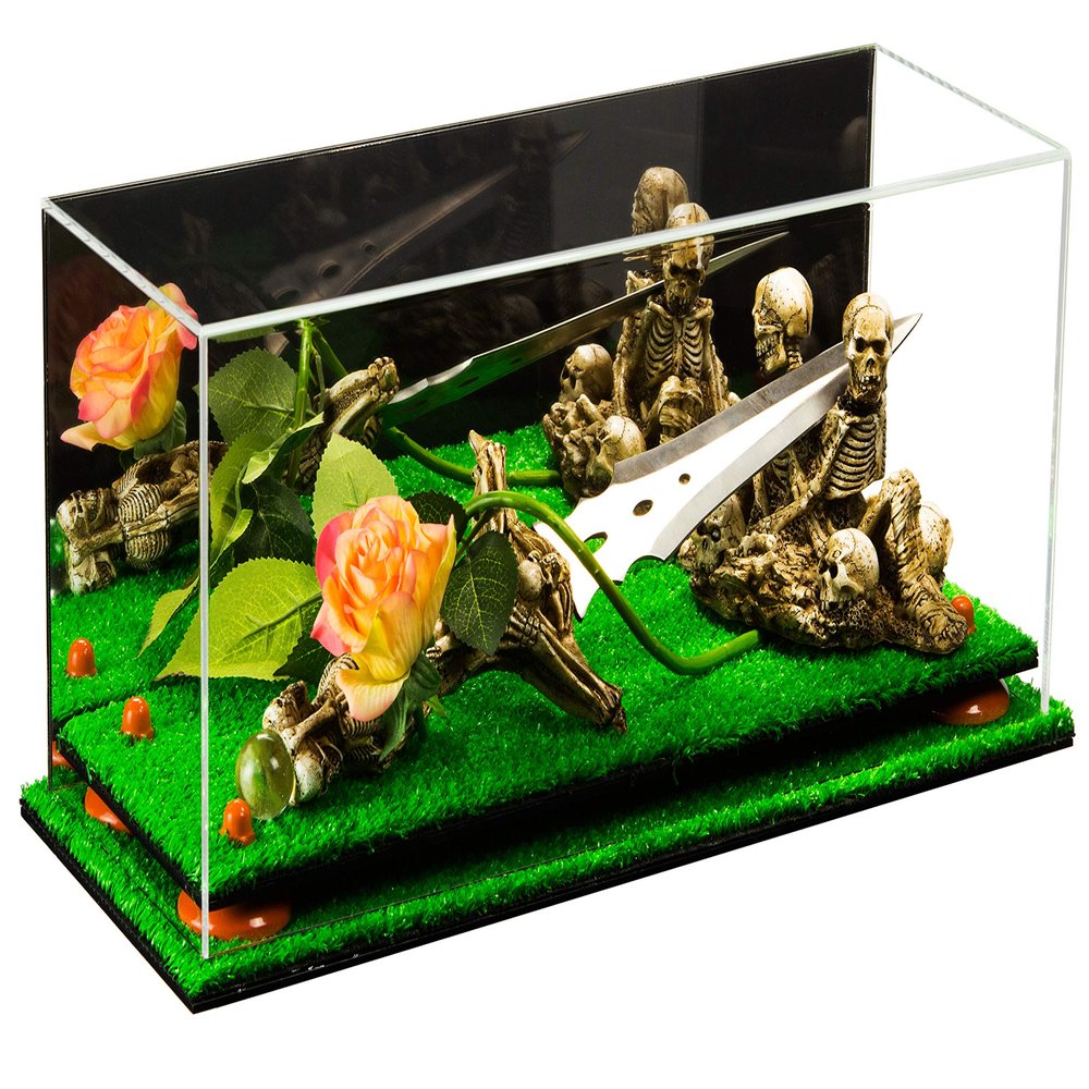 Better Display Cases Versatile Clear Acrylic Trucks, Trains and Rockets Display Case - Large Rectangle Box with Mirror Case, Orange Risers and Turf Base 17" x 6" x 7" (A019/V46)