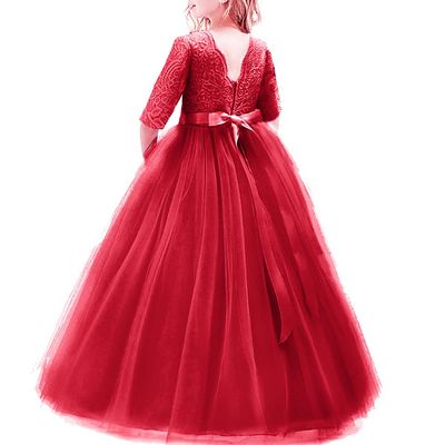 Girl Long Sleeve Vintage Lace Tutu Princess Pageant Cocktail Dresses Kids Prom Ball Gown Wedding Junior Bridesmaid 4-14 Years B Red 9-10 Years