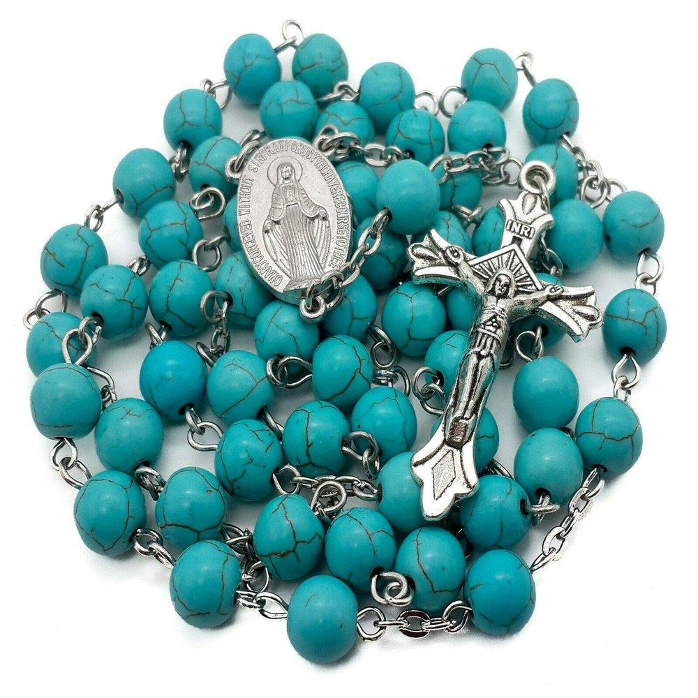 Nazareth Store Sky Blue Turquoise Stone Beads Rosary Prayer Necklace Catholic Miraculous Medal & Jesus Cross
