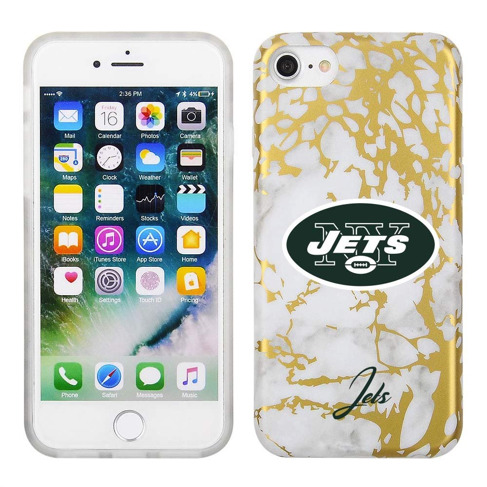 Prime Brands Group White and Gold Marble Design on TPU Skin Cell Phone Case for Apple iPhone 8/7/6S - NFL Licensed New York Jets