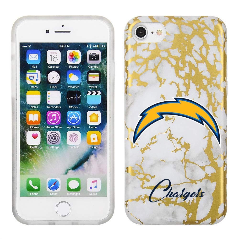 Prime Brands Group White and Gold Marble Design on TPU Skin Cell Phone Case for Apple iPhone 8/7/6S - NFL Licensed Los Angeles Chargers