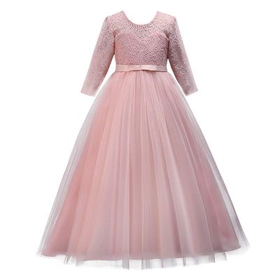 Flower Girl Dress Princess Pageant Long Lace Tulle Ball Gowns 3/4 Sleeves Wedding Bridesmaid Formal Party Dresses Little Baby Baptism Big Girls First Communion Prom Maxi Dress for Kids Pink 13-14Y