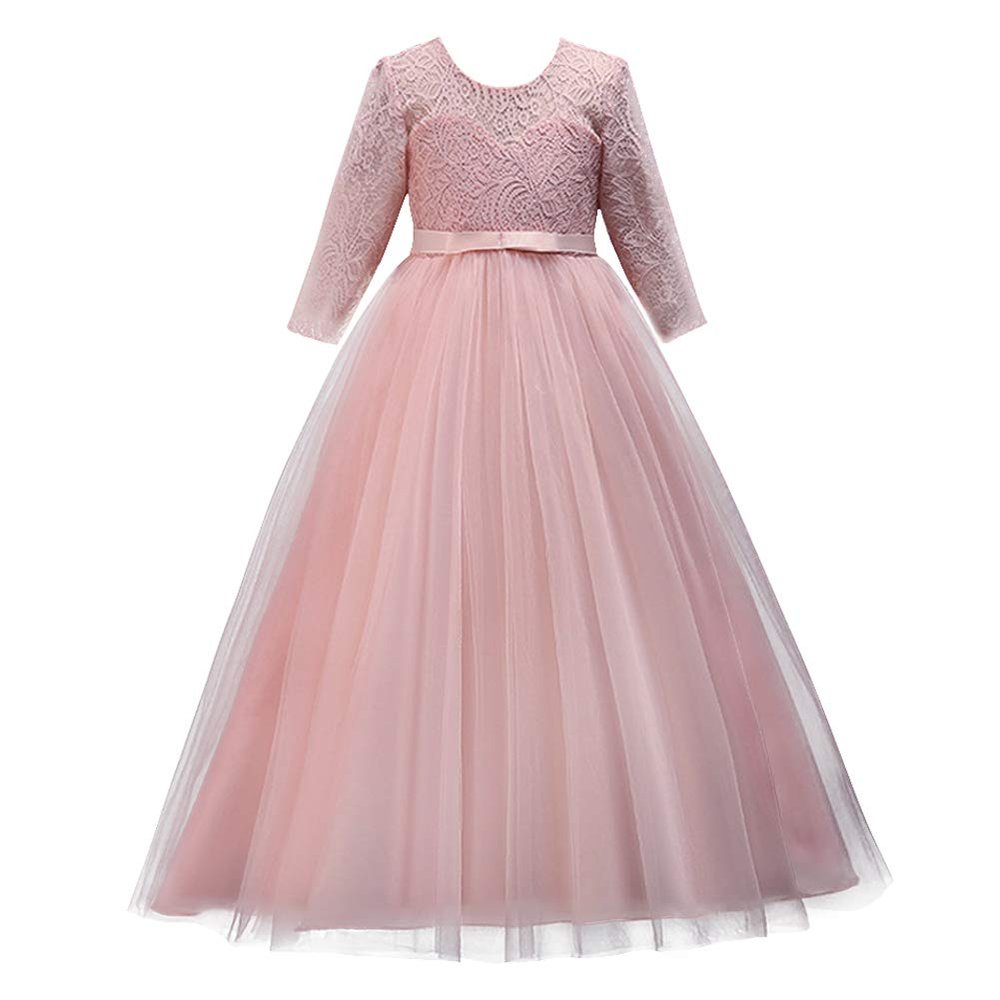 Flower Girl Dress Princess Pageant Long Lace Tulle Ball Gowns 3/4 Sleeves Wedding Bridesmaid Formal Party Dresses Little Baby Baptism Big Girls First Communion Prom Maxi Dress for Kids Pink 13-14Y