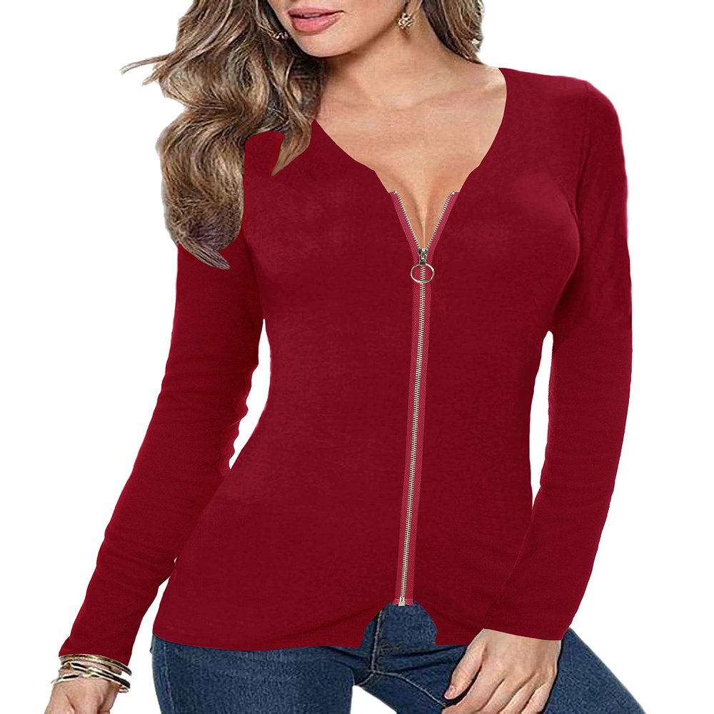 Afibi Women V Neck Zip Front Long Sleeve Casual Top Blouse Shirt (Medium, Burgundy)
