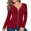 Afibi Women V Neck Zip Front Long Sleeve Casual Top Blouse Shirt (Medium, Burgundy) view 1