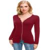 Afibi Women V Neck Zip Front Long Sleeve Casual Top Blouse Shirt (Medium, Burgundy) view 3