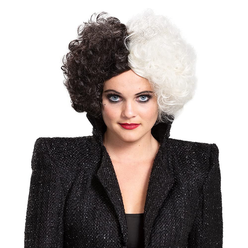 Cruella Wig for Women, Official Cruella Disney Movie Costume Hair Accessory, Single Size Black and White Wigs