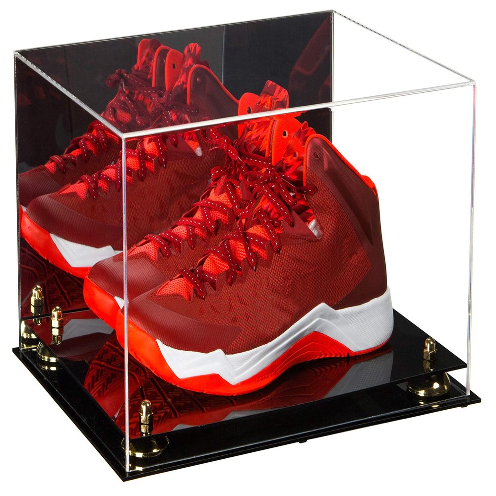 Better Display Cases Acrylic Basketball Shoe Pair Display Case with Gold Risers and Mirror (A082-GR)