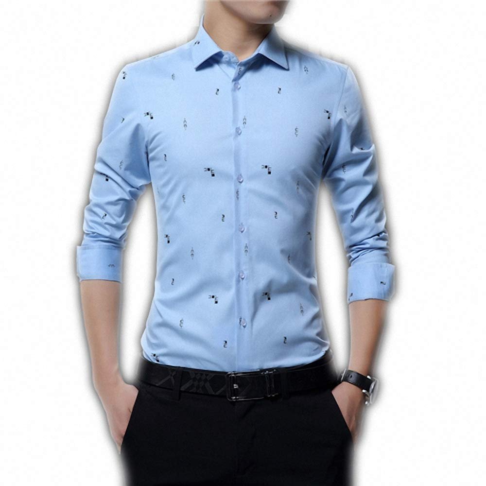 Lakke Men Printed Casual Shirts Man Long Sleeve Dress Shirt Slim Fit Male Party Clothes Mans Full Shirts 5XL Blue Asian Size L