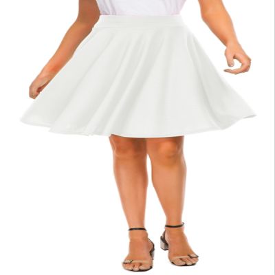 EXCHIC Women's Casual Stretchy Flared Midi Skater Skirts Basic A-Line Pleated Midi Skirt (L, White)