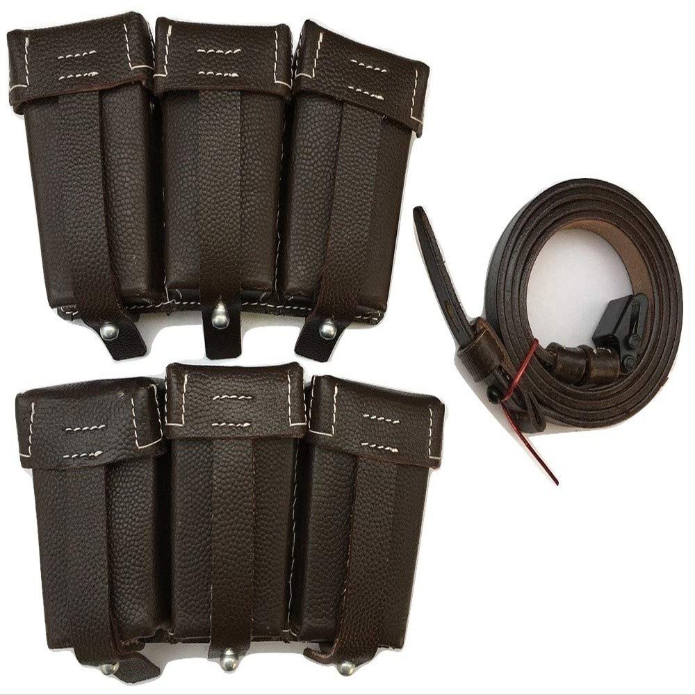 WARCRAFT EXPORTS WWII German K98 Triple Ammo Leather Pouch Set (Repro) - (Free K98 Sling) (DARK BROWN)