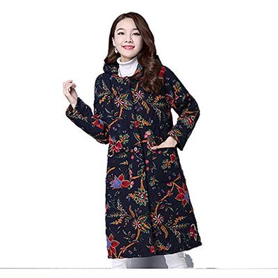Women Winter Coat Ethnic Print Loose Long Thick Hooded Trench Coat Cotton Clothes Coats Female (Black, XL)
