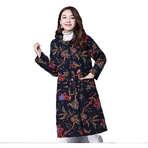 Women Winter Coat Ethnic Print Loose Long Thick Hooded Trench Coat Cotton Clothes Coats Female (Black, XL)