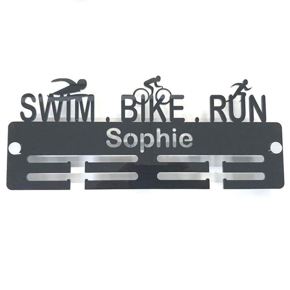 Personalized Swimmer Biker Runner Medal Hanger - Black
