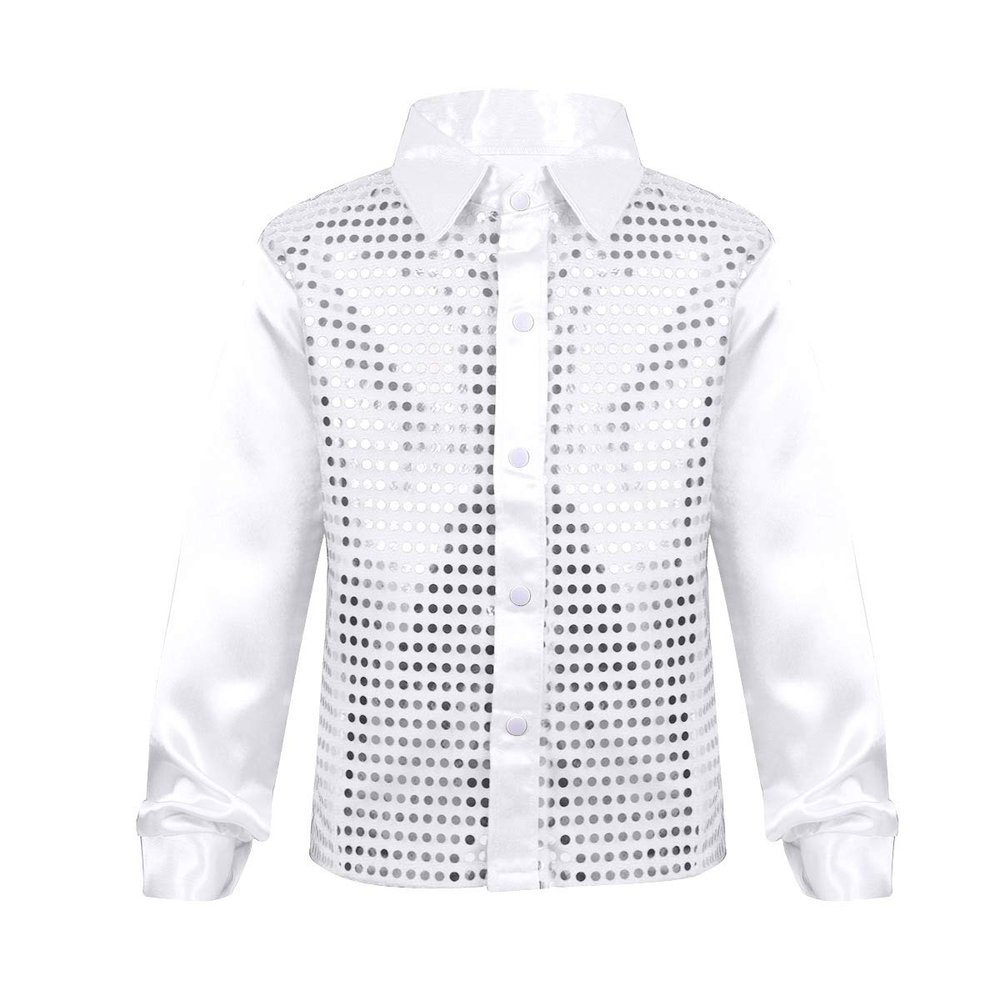 FEESHOW Kids Big Boys Shiny Sequined Shirt Vest Waistcoat Jacket for Wedding Prom Dance Performance Costume White 7-8