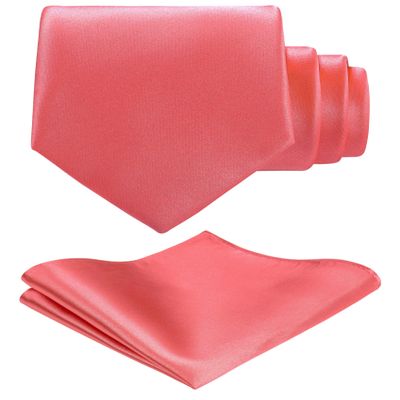 TIE G Solid Satin Woven dyed Color Formal Black Necktie and Pocket Square Sets in Gift Box (Coral)