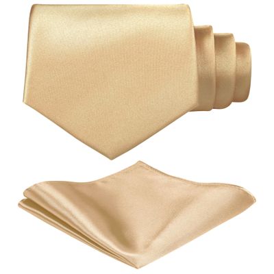 TIE G Solid Satin Woven dyed Color Formal Black Necktie and Pocket Square Sets in Gift Box (Beige)
