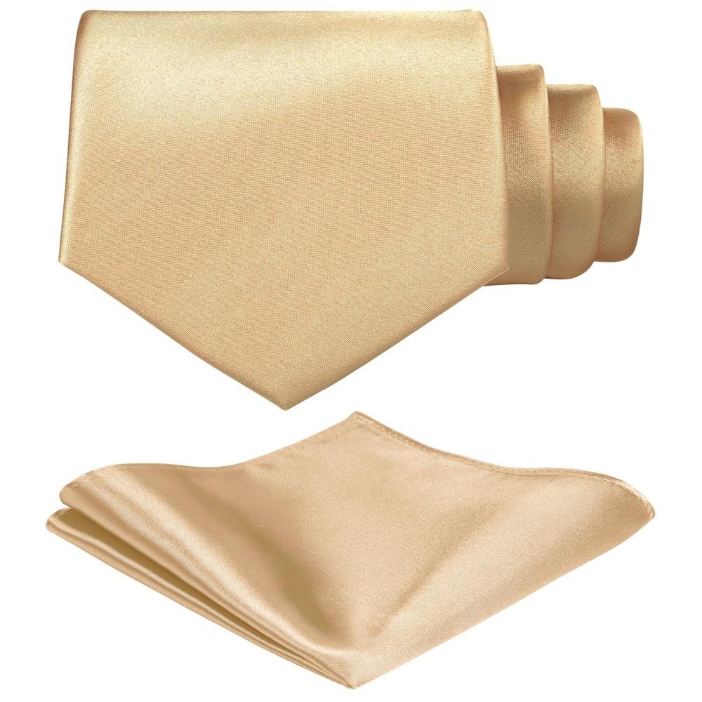 TIE G Solid Satin Woven dyed Color Formal Black Necktie and Pocket Square Sets in Gift Box (Beige)