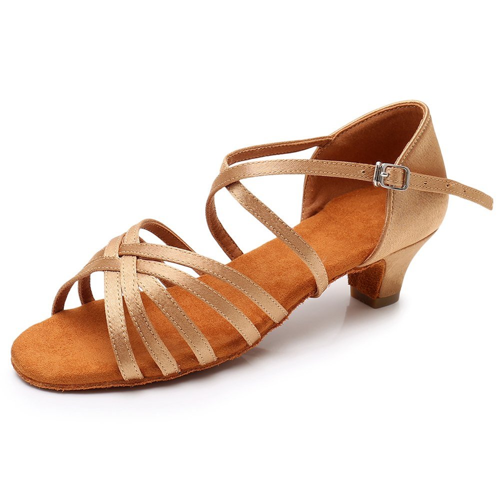 HIPPOSEUS Girls Latin Salsa Dance Shoes Beige Salsa Ballroom Danc Party Shoes, 4 M Big Kid