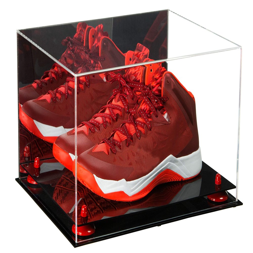 Better Display Cases Acrylic Basketball Shoe Pair Display Case with Red Risers and Mirror (A082-RR)