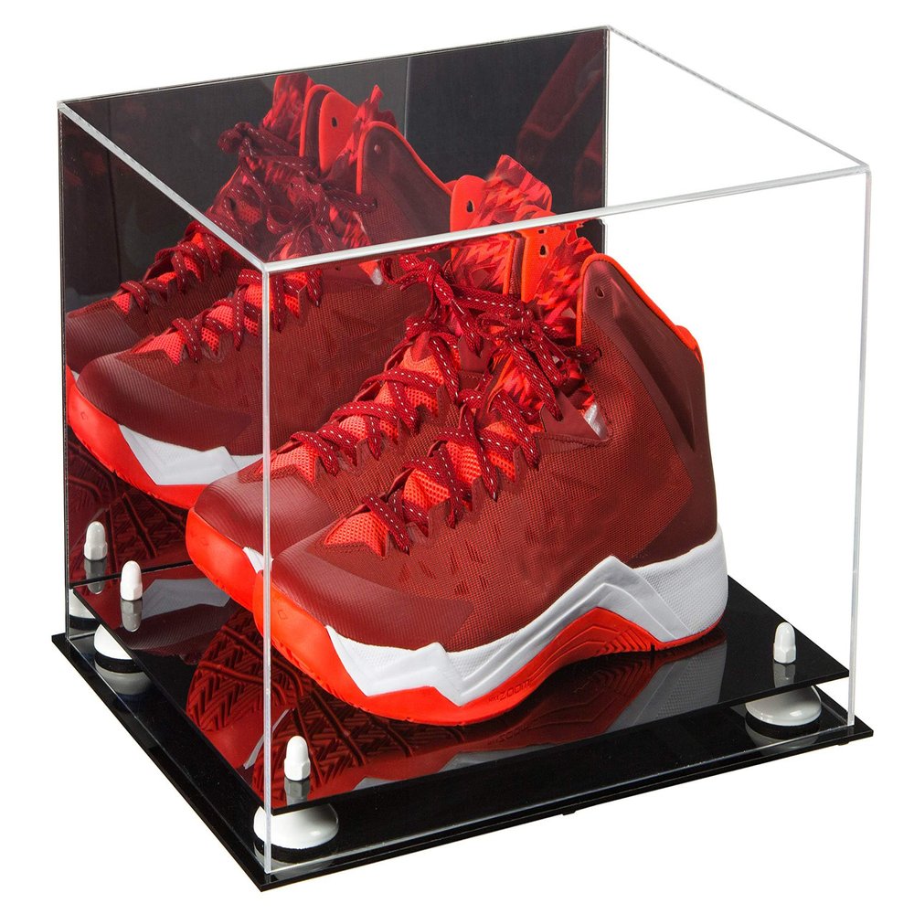 Better Display Cases Acrylic Basketball Shoe Pair Display Case with White Risers and Mirror (A082-WR)