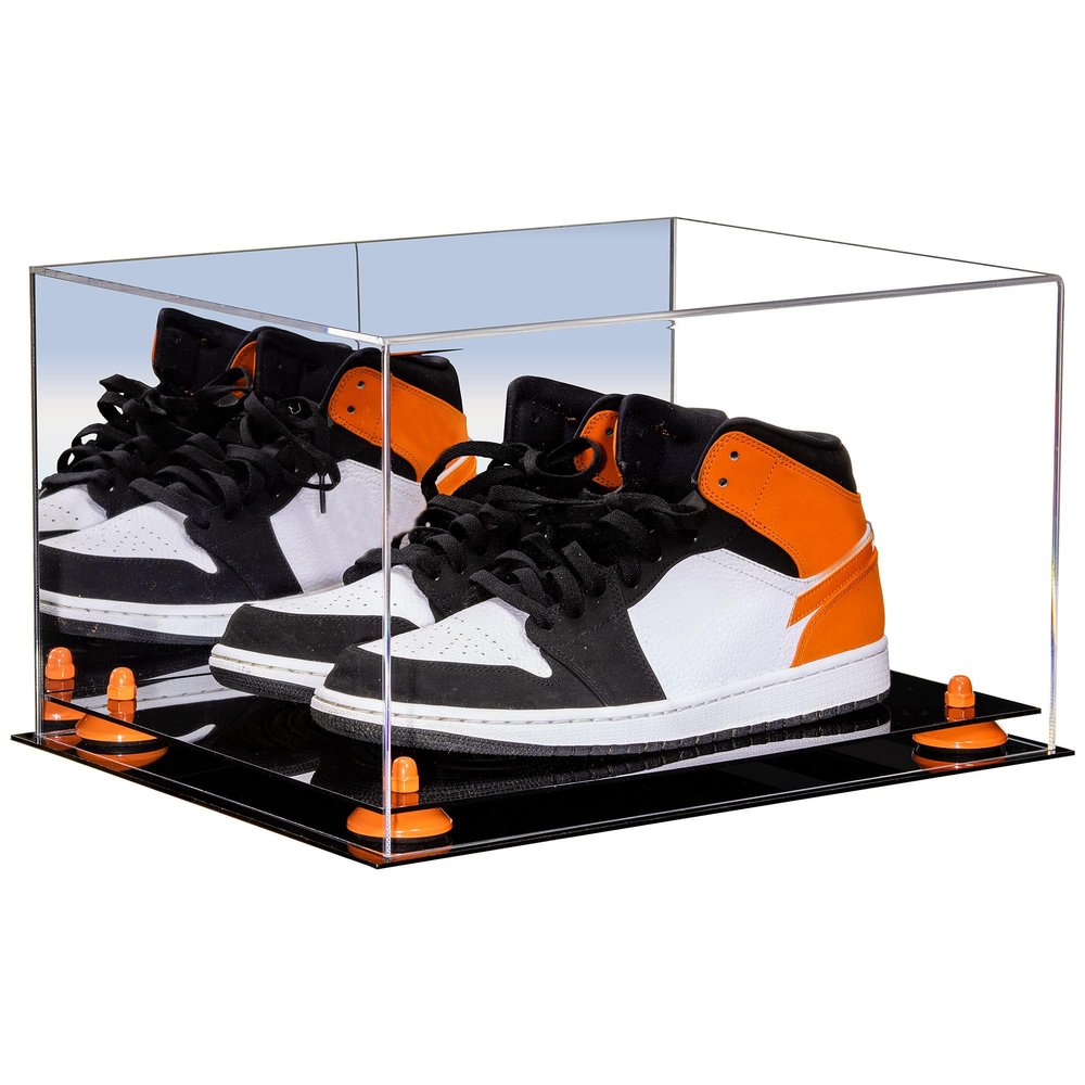 Better Display Cases Acrylic Basketball Shoe Pair Display Case with Orange Risers and Mirror (A082-OR)